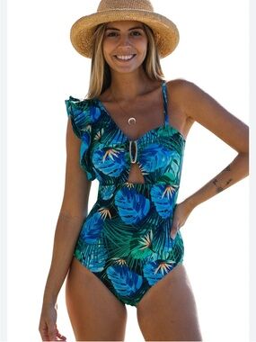 One-Shoulder Tropical Leaf Swimsuit - Blue Green size M